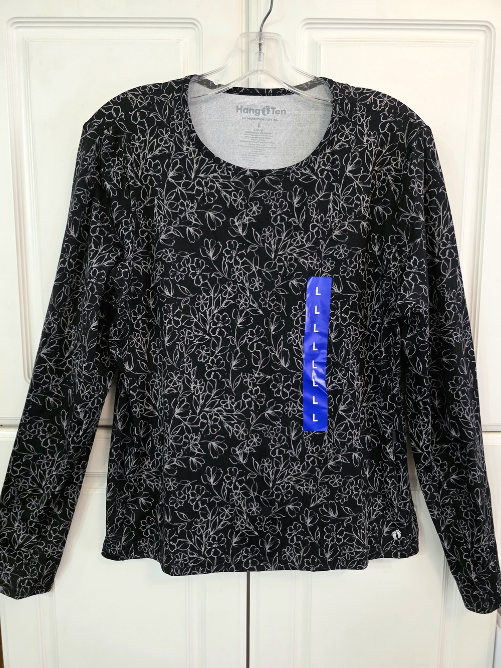 Hang Ten NWT Black White Floral UPF 50+ Sun Shirt Rash Guard - Large